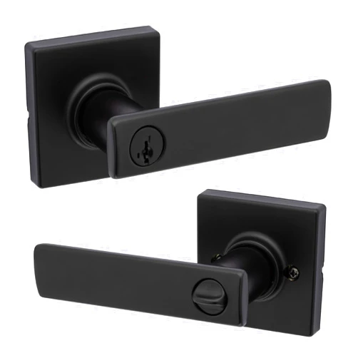 Kwikset Breton Entry Door Handle with Lock and Key, Secure Keyed Reversible Lever Exterior, For Front Entrance and Bedrooms, Matte Black , Pick Resistant Smartkey Rekey Security and Microban