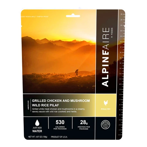 AlpineAire Foods Grilled Chicken and Mushroom Wild Rice Pilaf, Freeze-Dried/Dehydrated, Entrée Meal Pouch, Just add Water, Black