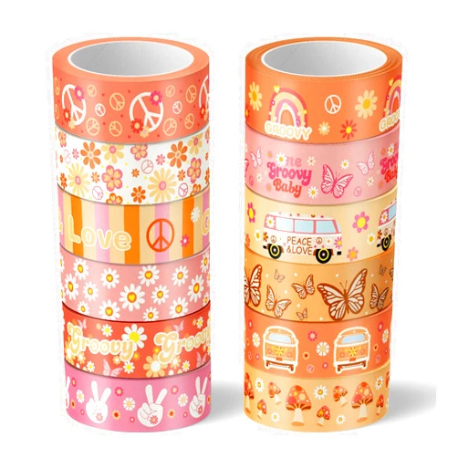 Whaline 12 Roll Groovy Boho Washi Tape Retro Rainbow Flower Washi Masking Tape Groovy Hippie Cute Decorative Craft Tape Back to School Washi Tape for Scrapbook Journal DIY Craft Gift Wrap, 16.4Ft