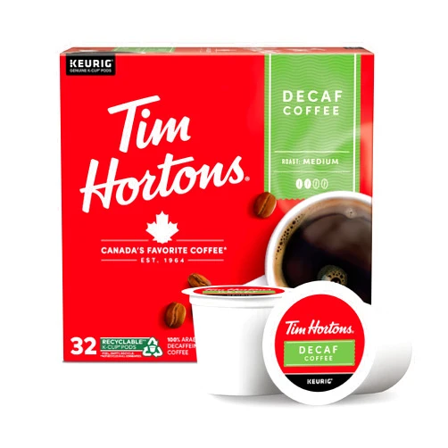 Tim Hortons Decaf, Medium Roast Coffee, Single-Serve K-Cup Pods Compatible with Keurig Brewers, 32ct K-Cups, Red