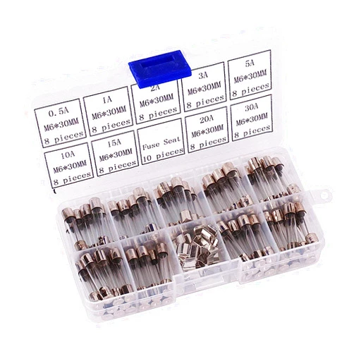 Jamgoer 72pcs Fast Blow Glass Fuses Car Tube Fuse Assortment Kit 250V 0.5A,1A,2A,3A,5A,10A,15A,20A,30A 6x30mm and 10 Pcs Fuse Seat
