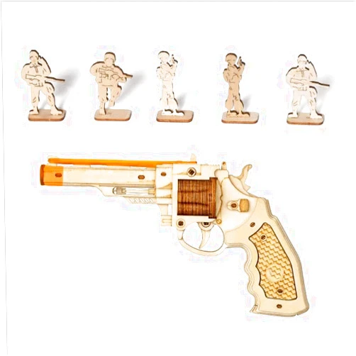 ROKR 3D Wooden Puzzles Rubber Band Gun Model Craft Kit Unique Gift Mechanical Model Brain Teaser (Revolver Toy)