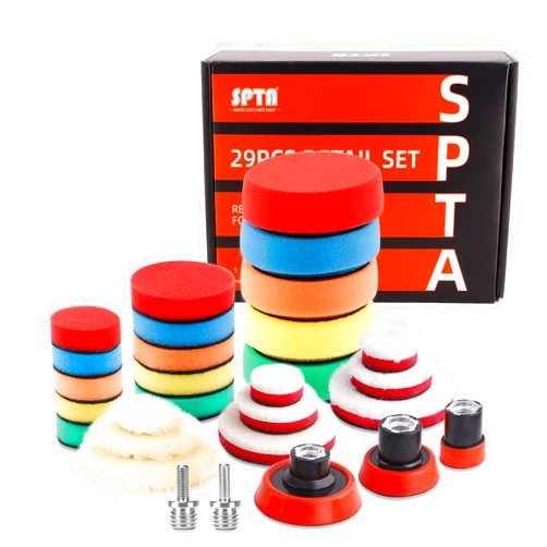 SPTA 29pcs Drill Buffing Pad Detail Polishing Pad Mix Size Kit with 5/8-11 Thread Backing pad & Adapters for Car Sanding, Polishing, Waxing, Sealing Glaze