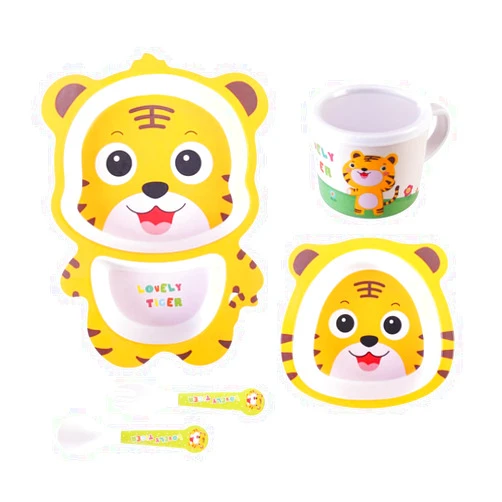 Fekdod Bamboo Kids Dinnerware Set 5 Pcs Includes Plate Bowl Cup Fork Spoon Perfect for Kids BPA-Free (Tiger)