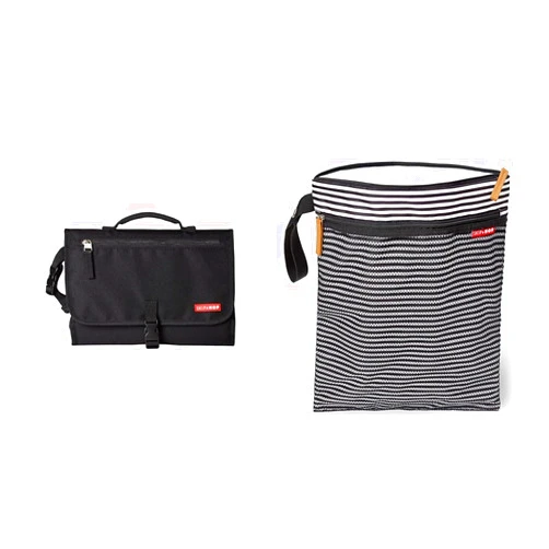Skip Hop Portable Baby Changing Pad Pronto Black and Wet Dry Bag Grab & Go Black & White Stripe