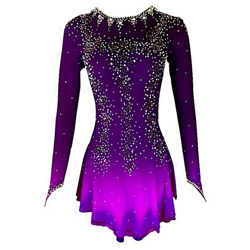 LIUHUO Ice Skating Dress Purple Yellow Halo Dyeing Spandex Handmade Crystals Long Sleeve Ice Skating Figure