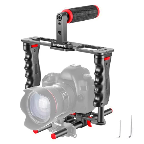 NEEWER Camera Video Cage Film Movie Making Kit, Aluminum Alloy with Top Handle, Dual Hand Grip, Two 15mm Rods, Compatible with Canon Sony Fujifilm Nikon DSLR Camera and Camcorder (Black + Red)