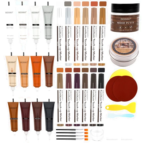 SEISSO Wood Furniture Repair Kit, 12 Colors Wood Fillers Wood Scratch Touch Up Markers with Wood Putty Polish Wax Repair for Scratch Hole Crack Discoloration for Wooden Door, Floor, Table, Cabinet, Set of 39