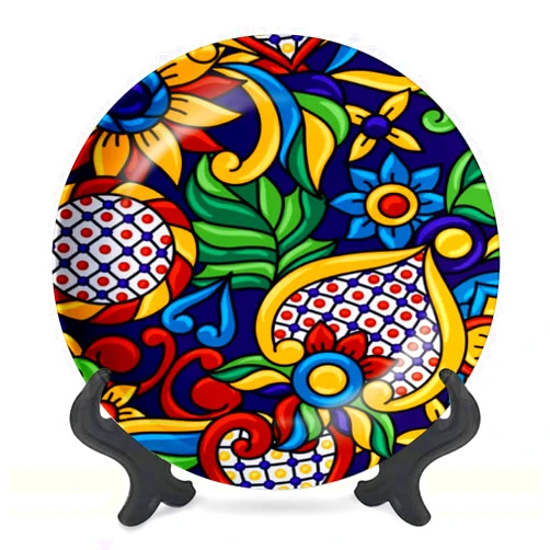 DISAOODANK Decorative Plates Mexican Talavera Seamless Decorative Ornamental Flowers Wall Decor Ceramic Ornament with Display Stand and Hook Up for Festival, Parties, Wedding 10