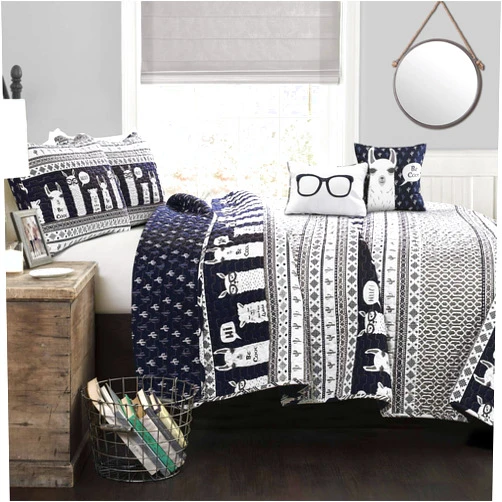 Lush Decor Navy Llama Striped 5-Piece Quilt Bed Set, Full/Queen