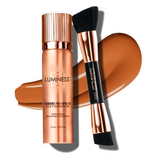 LUMINESS Silk Airbrush Spray Foundation & Buffing Brush Kit – Full Coverage Foundation & Dual-Sided Buffing Brush - Buildable Coverage, Anti-Aging Formula Hydrates & Moisturizes (Shade - Tan Dark)