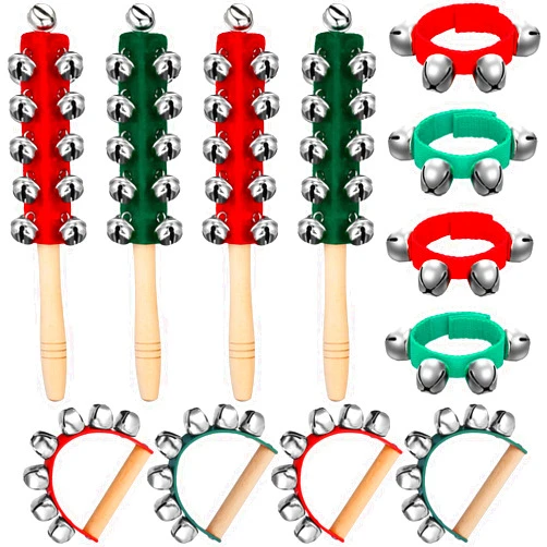 Lukmaa 12 PCS Christmas Hand Jingle Bells Wooden Handle Bells Wrist Band Shaking Bells Stick Musical Percussion Instrument Bells for Xmas Holiday Music Enlightenment Birthday Party Favors(Red, Green)
