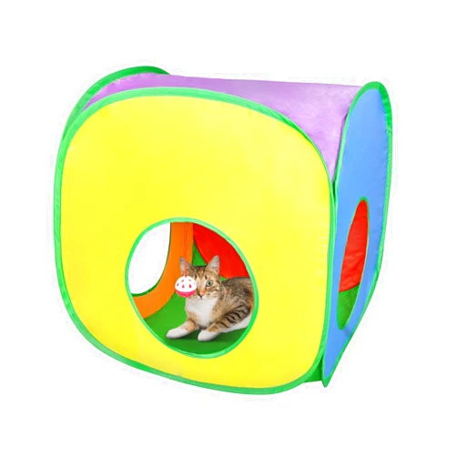 Andiker Cat Tunnel, Colorful Foldable Square Colorful Cat Pop Up Tent Matches with Most Cat Tubes Polyester Cat Tent with a Bell Ball 3 Holes Cat Tubes for Indoor Cat to Hide Play and Sleep (Square L