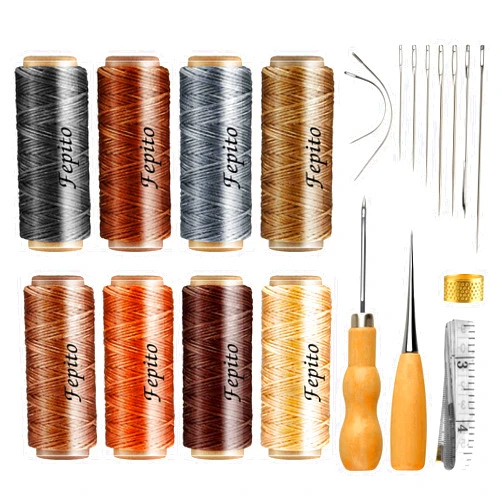 FEPITO 21pcs Leather Waxed Thread 8 Color 264 Yards 150D Leather Sewing Waxed Thread Cord with Leather Craft Hand Tools Kit for DIY Sewing Craft