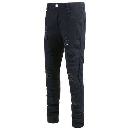 DGHM-JLMY Men's Pleated Slim Stretch Distressed Jeans Fashion Comfort Waist Pants Straight Leg Skinny Denim Pants