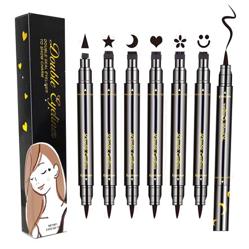 LOKFAR 6 Pcs Double-Side Liquid Eyeliner Stamp Pen Set, Eye Liners for Women Waterproof Eyeliner Pencil Black Eye-liner Stencils Long-Lasting Tattoo Makeup-Triangle,Star,Moon,Heart,Flower,Smiley