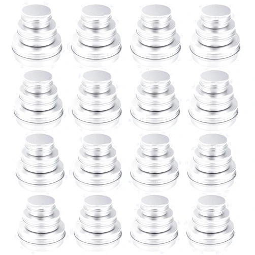 Petutu 48 Pack Tin Cans Screw Top Round Metal Lip Balm Tins Containers with Lids / 3 Sizes (1/2oz, 1oz, 2oz)