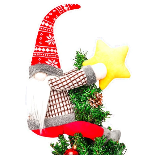 FIREOR Gnome Christmas Tree Topper Decorations Gift, Handmade Large Plush Dwarf Ornaments with Star Red Plaid Hat Xmas Home Holiday Party Decor Scandinavian Swedish, Curtain Tie Wine Bottle Decoration