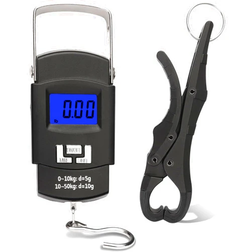 FOWSRHRG Digital Fish Scale with Lip Gripper, 110 Lbs/50 Kg Fish Weight Scale, Backlit LCD Display Fishing Scale and Fish Lip Gripper, Fishing Gifts for Men(Not Included Batteries)