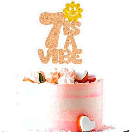 LHUBA 7 is A Vibe Cake Topper, Happy 7th Birthday Cake Decor, Retro Groovy Flower/Floral Themed 7th Birthday Party Decorations for Baby Boys Girls, Rose Gold and Gold Glitter