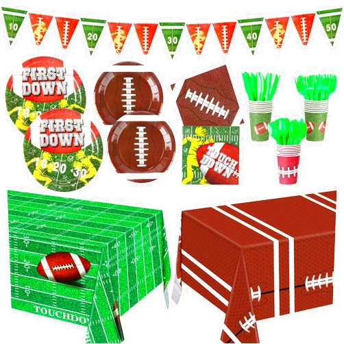 Atiloy 171pcs Football Party Decorations Supplies Kit Serve 24, Includes Paper Plates, Napkins, Cups, Cutlery, Banner and Touchdown Tablecloth for First down Football Birthday Party Tailgate Party Decor