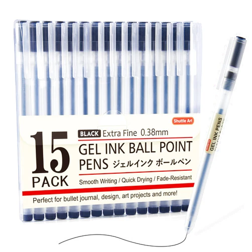 Shuttle Art Gel Ink Ball Point Pens, 15 Pack Black Japanese Style Pens, 0.38mm Extra-Fine Ballpoint Pens for Home, School and Office