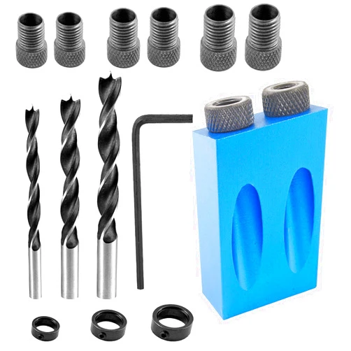 Bonsicoky 14 Pcs Pocket Hole Jig Kit, 15 Degree Woodworking Inclined Hole Jig with 6/8/10mm Drive Adapter and Clip