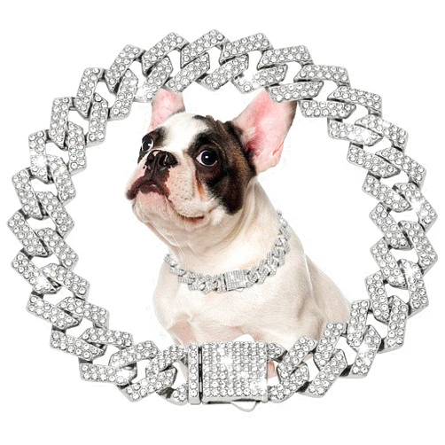 JEWPHX Silver Dog Chain Collar Diamond Link 15mm Wide Dog Necklace Metal Cat Chains Pet Crystal Collars Jewelry Accessories for Small Medium Large Dogs Cats(16inch