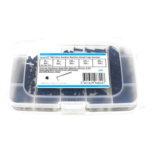 iexcell 250 Pcs M3 x 6/8/10/12/16 Alloy Steel 10.9 Grade Hex Socket Button Head Cap Screws Bolts Assortment Kit, Black Oxide Finish