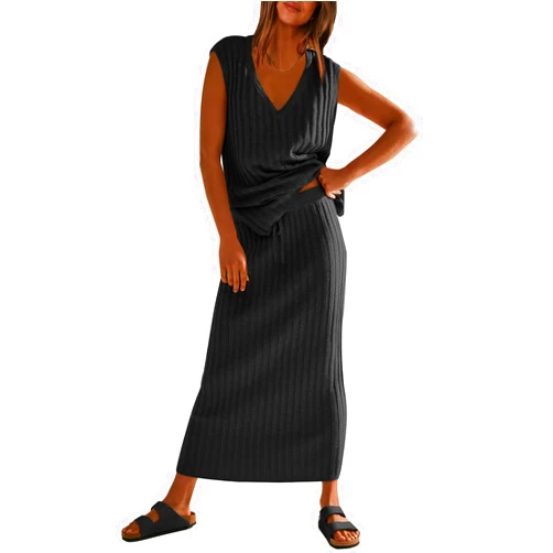 ANRABESS Women's 2 Piece Outfits Summer Sweater Skirt Sets Casual Sleeveless V Neck Ribbed Vest Knit Tops Midi Dress