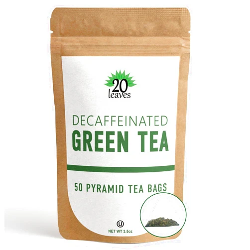 20 Leaves Decaffeinated Decaf Green Tea - 50 Pyramid Tea Bags Sachets in a Resealable Bag