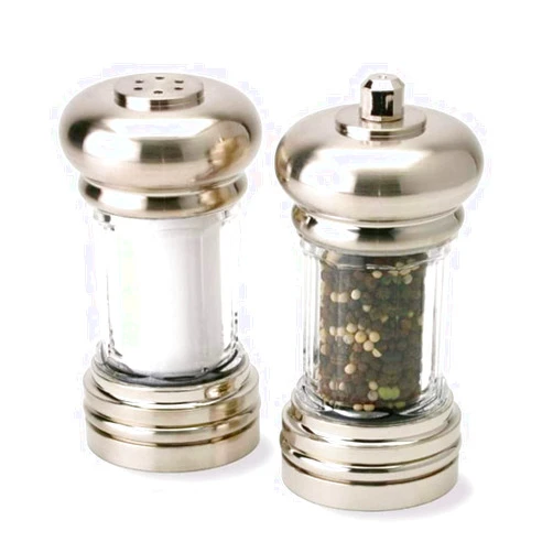 OLDE THOMPSON SINCE 1944 Olde Thompson - 7 Brushed Nickel Pepper Mill & Salt Shaker Set - Pre-filled with Peppercorns and Pure Ocean Sea Salt, Fully Adjustable for Fine to Coarse Quality, Easy to Clean, Use and Refill