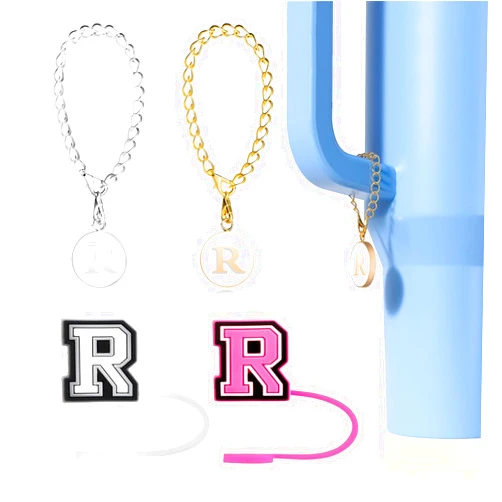 Orehymbe Letter Charm Compatible with Stanley Cup, 2PCS Personalized ID Initial Letter Charm Accessories with 2PCS Straw Cover Cup for 30&40 Oz Tumbler with Handle 10mm (Letter R)