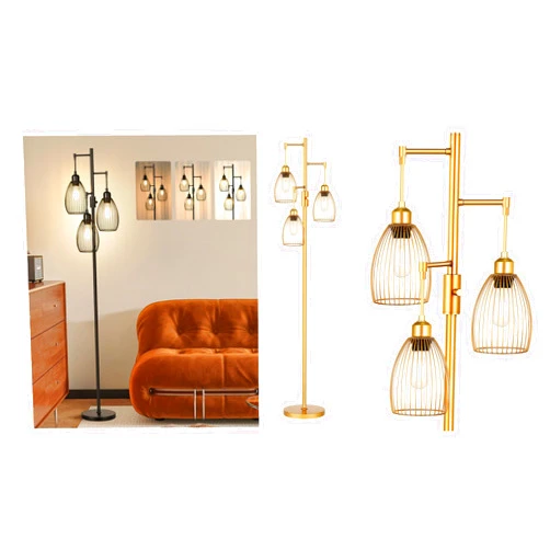 Nintiue Black&Gold Dimmable Floor Lamp, 3 x 800LM LED Edison Bulbs Included, Farmhouse Industrial Floor Lamp Standing Tree Lamp with Elegant Teardrop Cage Tall Lamps for Living Room Bedroom Office Dining Room
