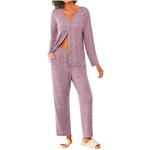 Ekouaer Womens Pajama Sets Button Up Long Sleeve Pjs Ribbed Knit Soft Lounge Set 2 Piece Sleepwear with Pockets