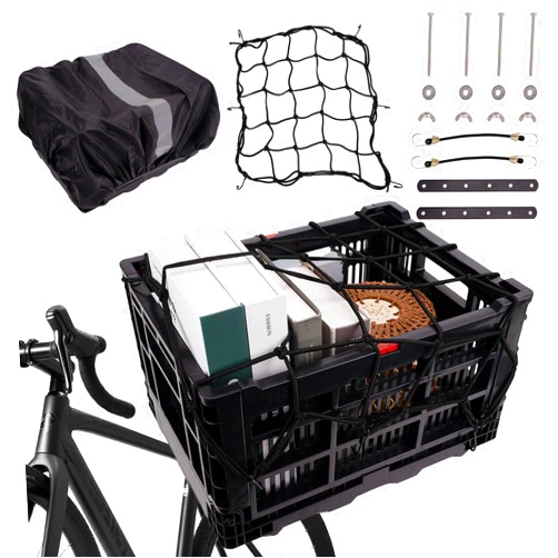 RidingRush Bike Basket Rear – Folding Large Capacity Bicycle Storage Basket with Waterproof Cover, Collapsible Bike Milk Crate for Shopping, Outings, and Pet Transport, Great for E-Bikes, Black
