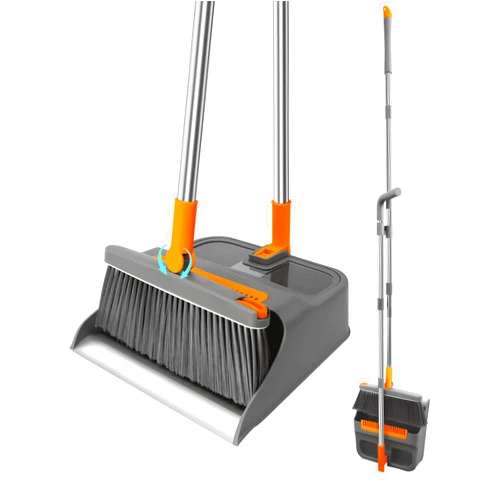 PROXO Upgraded Broom with Dustpan Combo Set,Aluminum Dustpan Lip,51” Long Handle,Transparent Window,Ideal for Sweeping Indoor Outdoor Kitchen Household Cleaning (Gray)