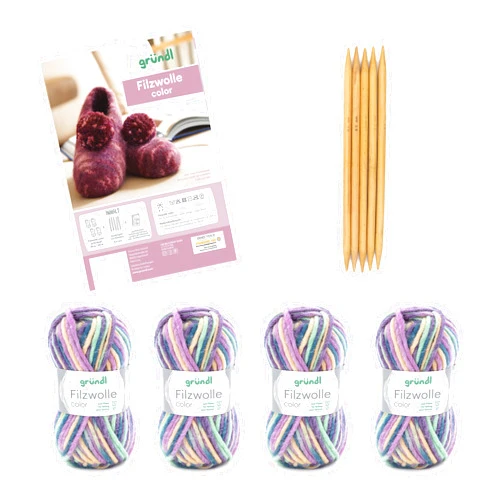 Grundl Gründl Wool Felting Wool Colour - Thick Wool for Felting in the Washing Machine for 1 Pair of Slippers with Instructions and Needle - Soft and Skin Friendly - 100% Virgin Wool - 4 Balls 50 g/50 m
