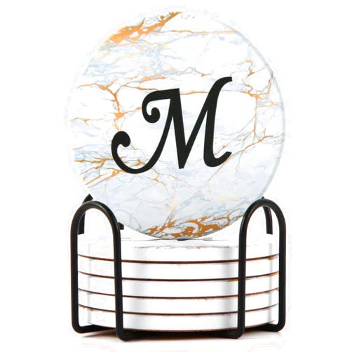 DRPORONYN Monogrammed Coasters for Drinks Absorbents with Holder, Set of 6 Ceramic Marble Style Drink Coaster with Cork Base,Personalized Coasters Customizable with Name, Housewarming Gifts