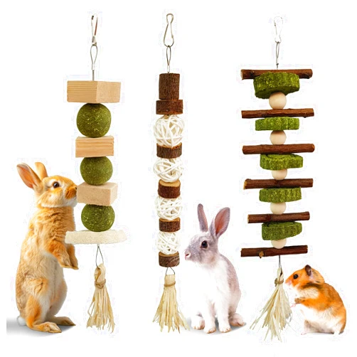 WDEFUN 3 PCS Bunny Chew Toys, Natural Hanging Rabbit Chew Toy Treats for Guinea Pigs Hamsters Gerbils Chinchilla and Other Small Pets for Teeth Grinding
