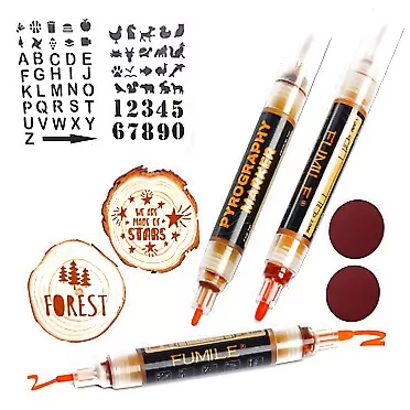 FUMILE Wood Burning Pen Set 9PCS with 3 Scorch Pen Marker, 2 Wood Chips, 2 Frosted Cloth, 2 Hollow Mold for DIY Wood Painting,Suitable for Artists and Beginners in DIY Wood Projects. 9PCS Wood Burning Pen Set