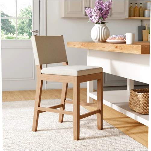 Nathan James Linus Modern Upholstered Counter Height Bar Stool with Back and Solid Rubberwood Legs in a Wire-Brushed Light Brown Finish, Natural Flax/Brown