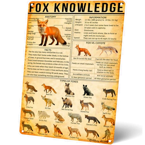 Homely Accents Vintage Fox Knowledge Metal Tin Sign - Educational Types of Foxes Poster, Ideal for Farm, Bar, Cafe, Classroom Wall Art - Rustic Farmhouse Decor 16x12 Inches