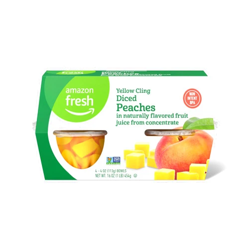 Amazon Fresh, Yellow Cling Diced Peaches in Fruit Juice, 4 Oz Bowls (Pack of 4) (Previously Happy Belly, Packaging May Vary)