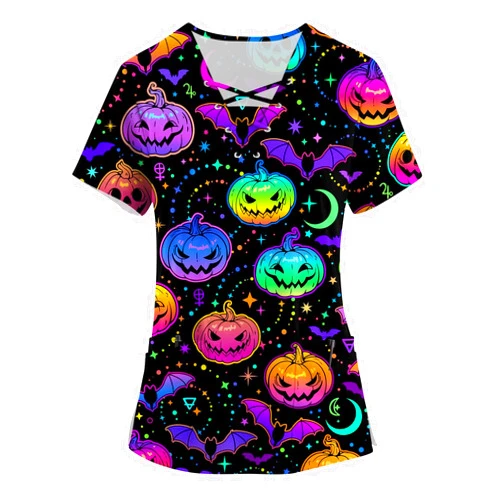 PETYCZEN Womens Scrub Tops Cute Animals Print V Neck Short Sleeve Shirts Stretch Nurse Uniform Medical Scrubs with Pockets