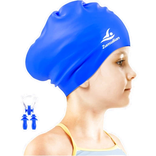 ZUMULIAN Kids Long Hair Swim Cap,Silicone Swimming Cap for Girls Boys,Waterproof Swim Hats with Ear Plugs & Nose Clip