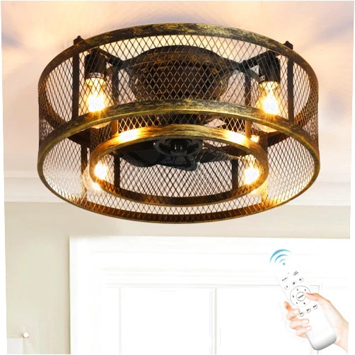 BvenuBigLite Farmhouse Ceiling Fan with Lights, 20 Inch Flush Mount Bladeless Rustic Ceiling Fans with Remote Control for Low Ceilings Vintage Living Room Bedroom, Bronze, E26 Bulbs Not Included
