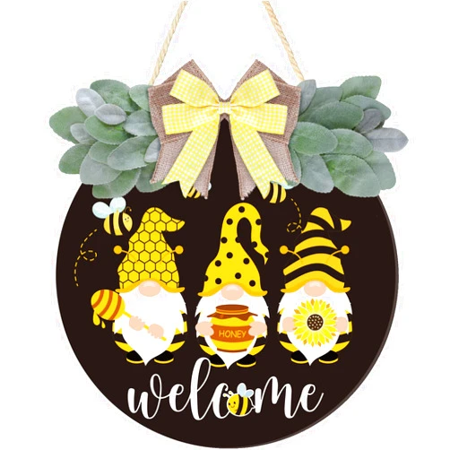 Whaline Bee Gnome Door Welcome Sign Spring Summer Wooden Hanging Sign with Bow Farmhouse Honey Bumble Bee Wood Front Door Hanger for Home Coffee Shop Bakery Window Decor Supplies