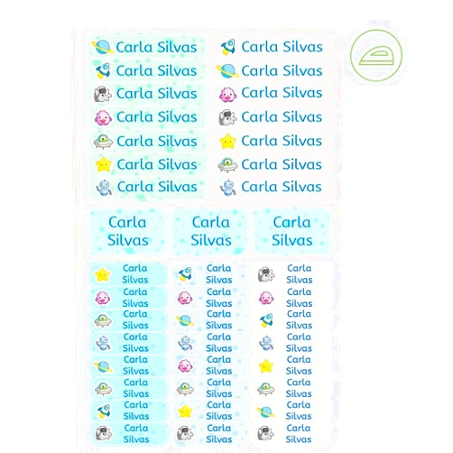 ETIKIDS Custom Iron-on Clothing Labels with Your Custom Text | Personalised Labels, with Galaxy Drawings and Personalized Text. 40 U. in Funny Galaxy Laminated Sheet