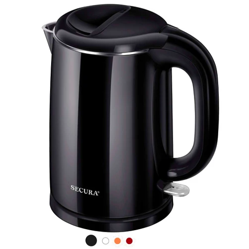 Secura Stainless Steel Double Wall Electric Kettle Water Heater for Tea Coffee w/Auto Shut-Off and Boil-Dry Protection, 1.0L (Black) SWK-1001DB/HB-K012